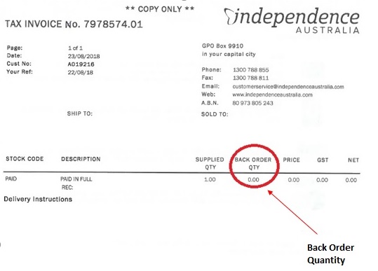 Invoice highlighted back order quantity